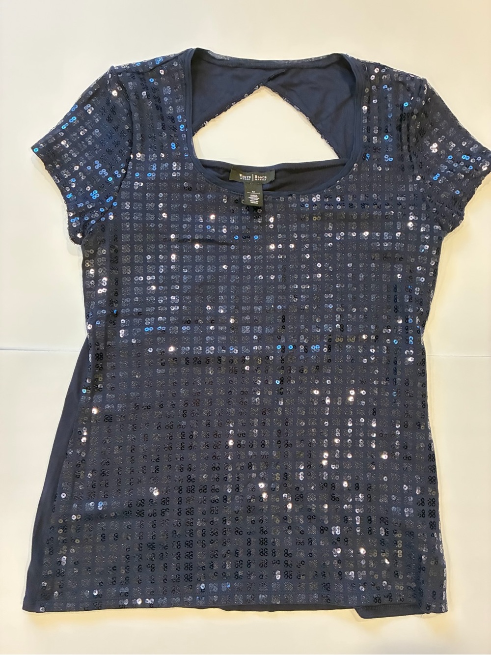 White House Black Market Navy Sequin Short Sleeve Top